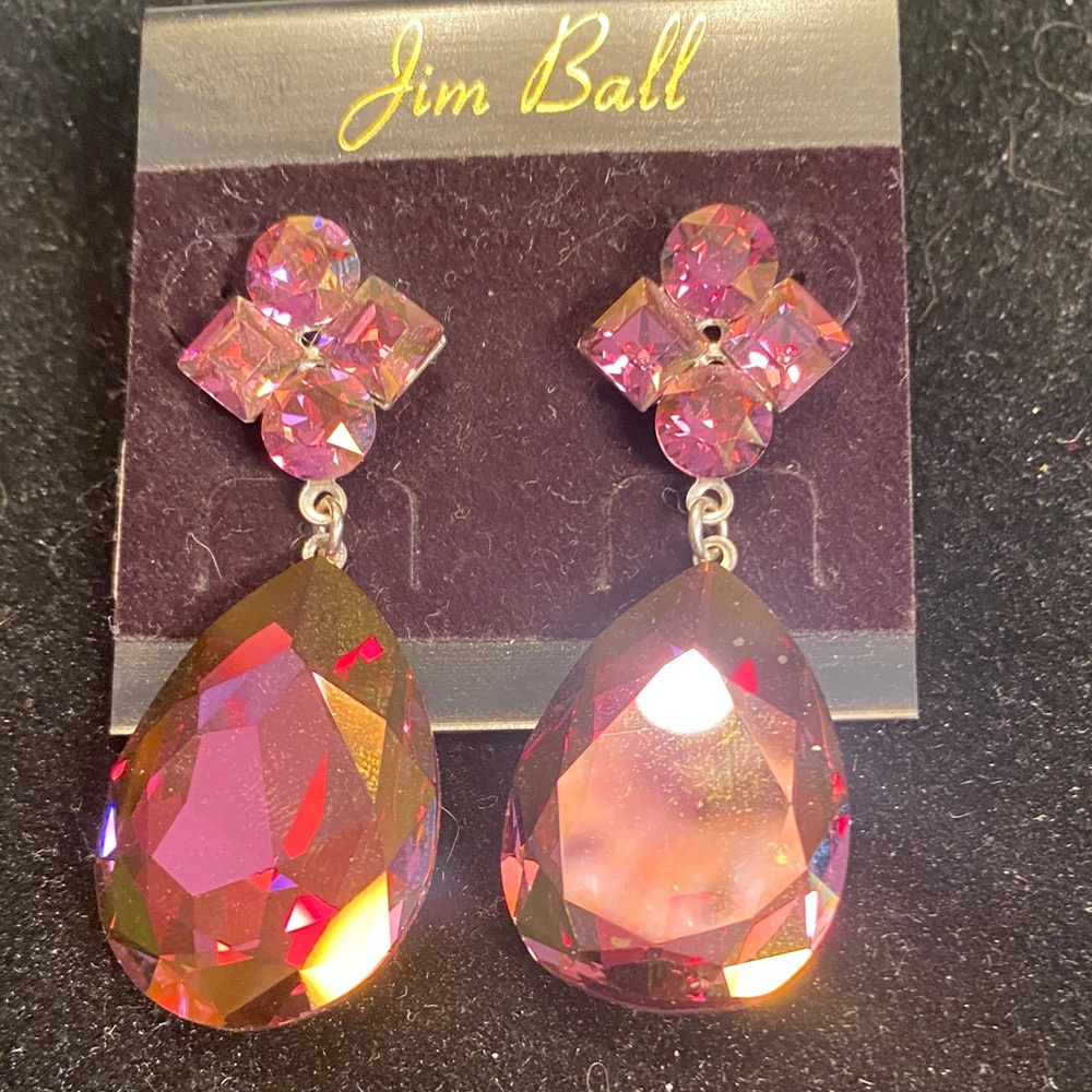 Jim Ball Pink Teardrop Crystal Dangle Earrings